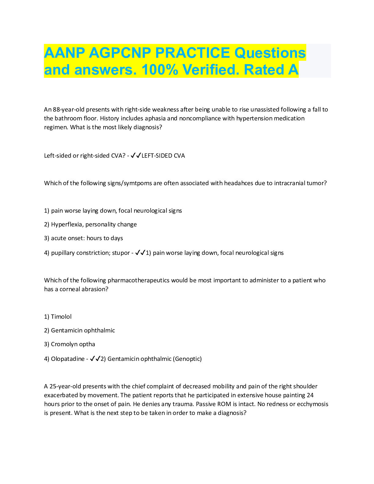 Preview image for AANP AGPCNP PRACTICE Questions  and answers. 100% Verified. Rated A An 88-year-old presents with rig